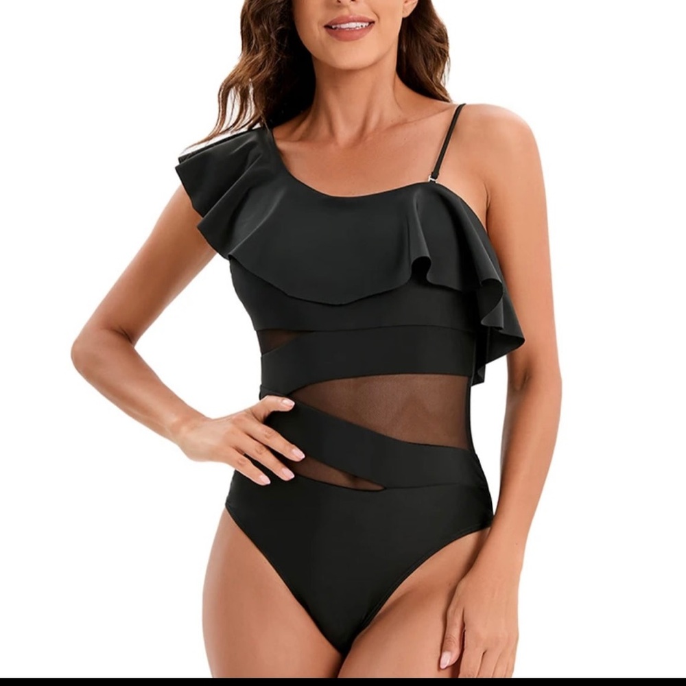 Black one piece ruffle mesh bathing suit